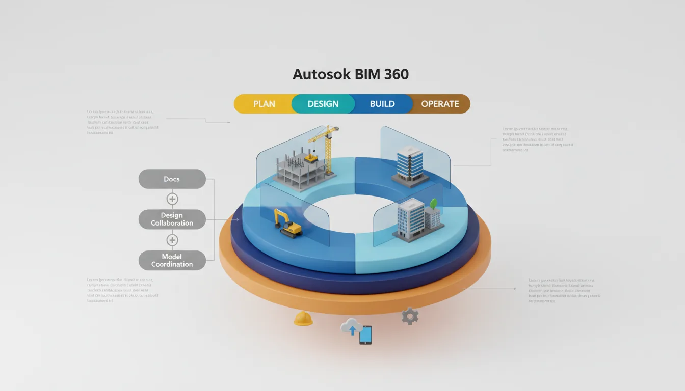 3D corporate infographic illustrating the Autodesk BIM 360 software ecosystem, presented as a clean product diagram. The central visual is a multi-layered circular platform with orange, dark blue, and light blue tiers. On top of the platform, a four-stage project lifecycle is visualized with translucent blue panels, each containing a simplified 3D architectural model of a building; one building is shown under construction with a yellow crane. Above this is a timeline with distinct rectangular tabs colored yellow, teal, blue, and brown. To the left, a separate vertical flowchart with grey rounded rectangles and plus symbols points towards the main diagram. 3D Render, isometric view, matte plastic material, soft global illumination, floating shadows, clean studio backdrop with abstracted placeholder text.