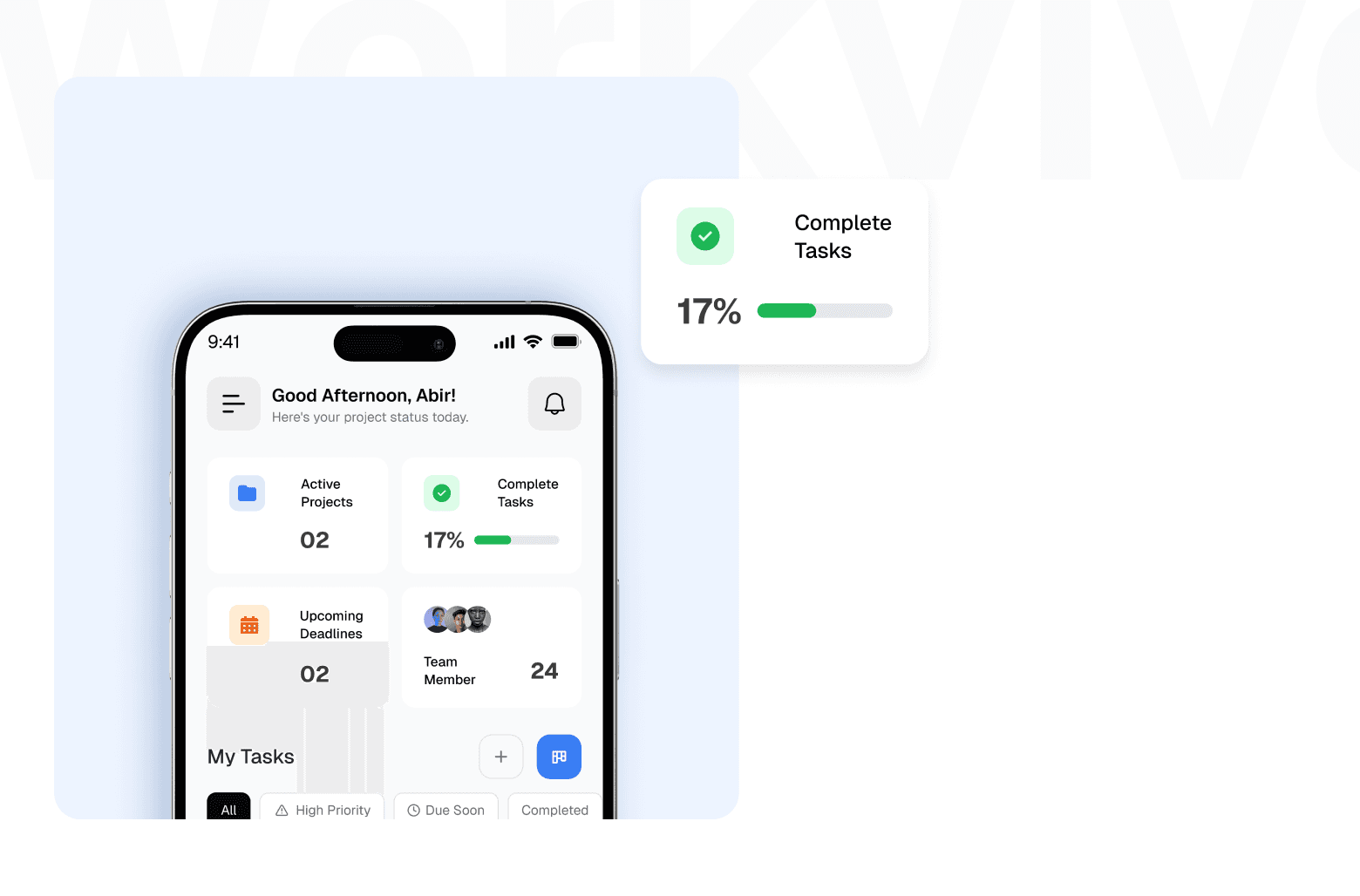 Mobile dashboard summary with active projects, completed tasks progress, and upcoming deadlines.