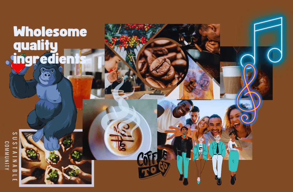A moodboard featuring warm tones, natural textures, and cozy coffee shop imagery. Designed to reflect The Whole Crew’s values—creativity, community, and sustainability—this visual set the tone for the logo’s style and personality.