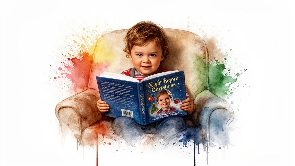 A cute child sits in an armchair, smiling while reading a personalized 'Night Before Christmas' book in watercolor style.