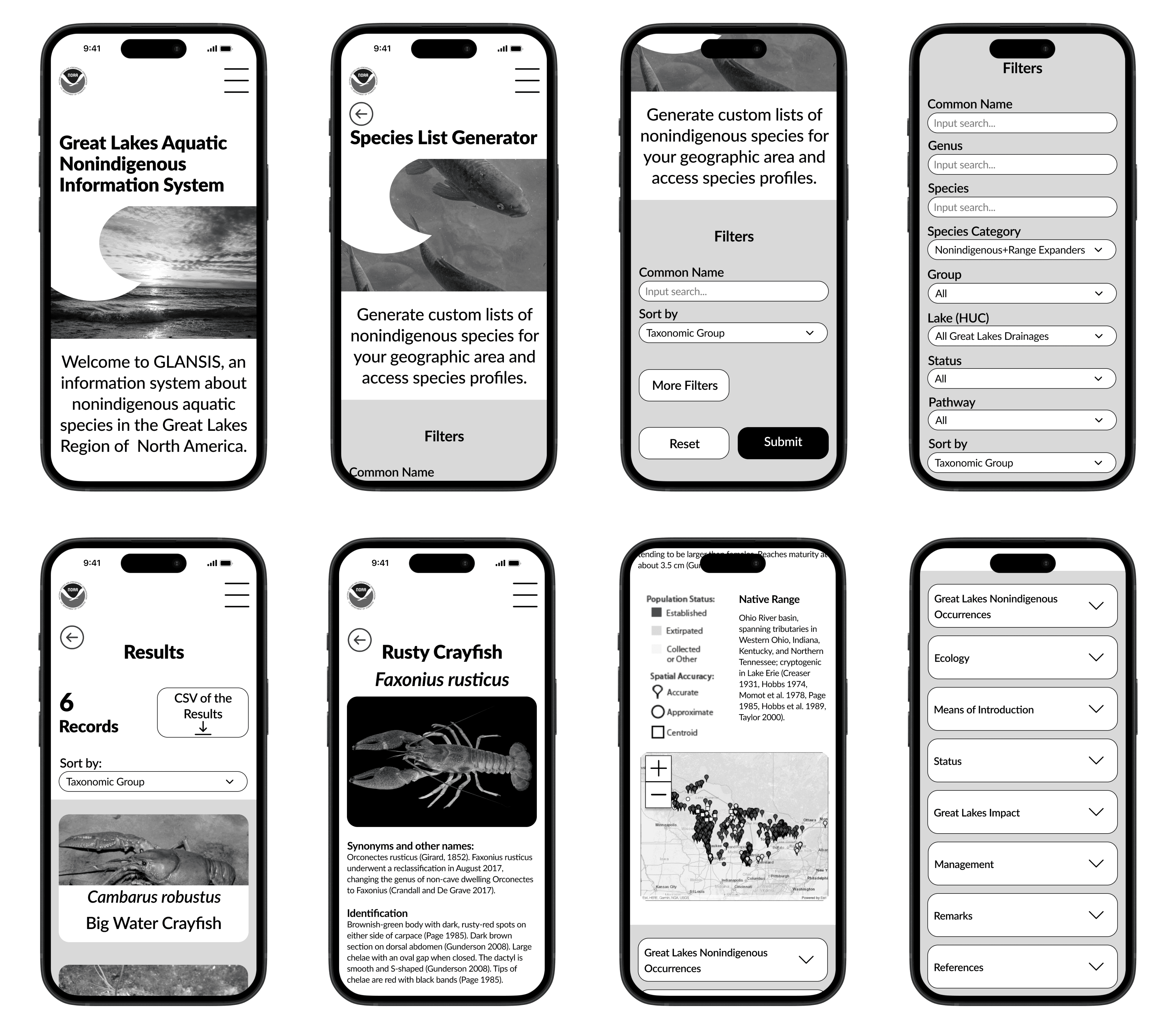 An image of the wireframes I created during my second design iteration for redesining the GLANSIS website.