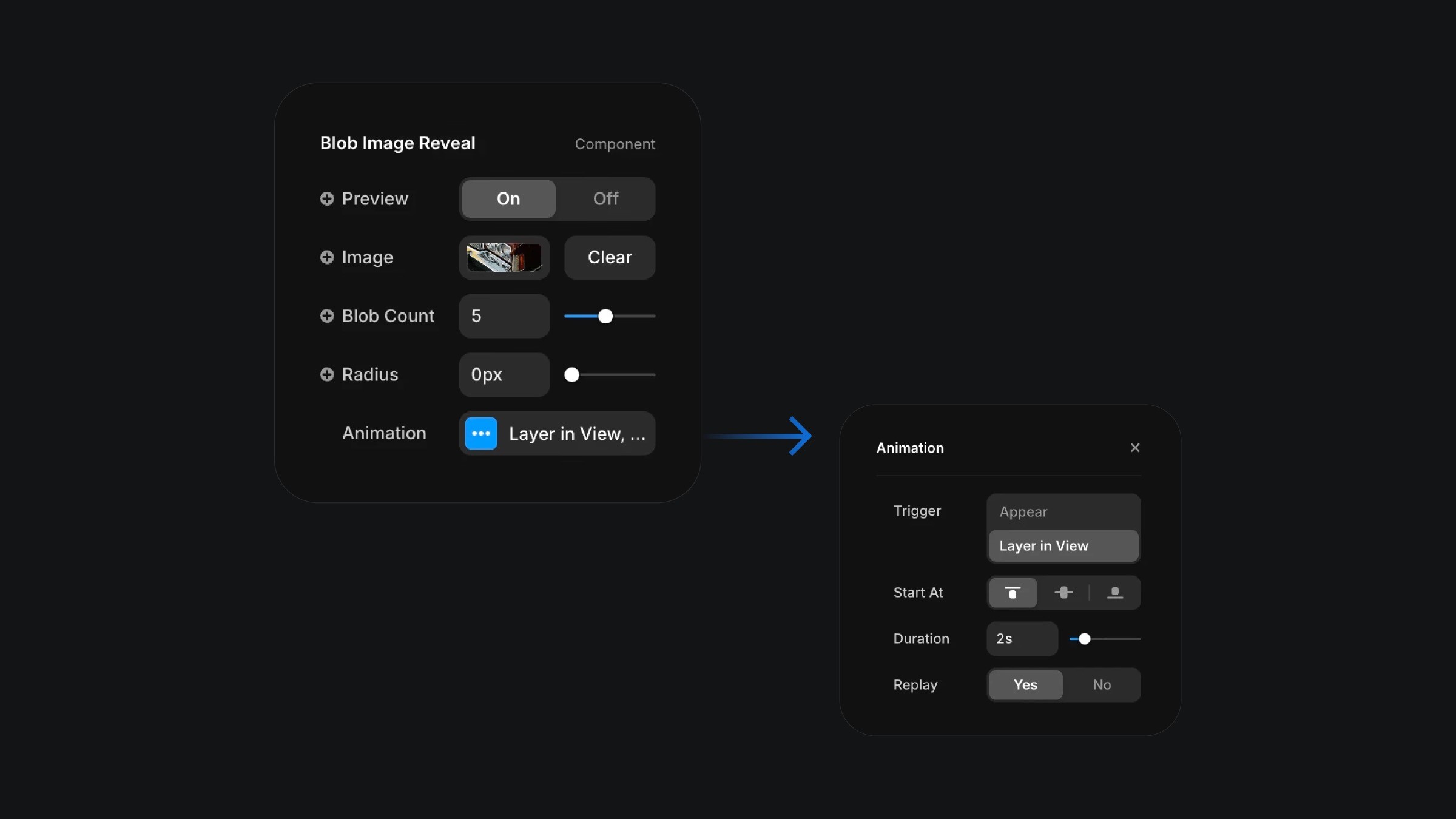 Framer blob image reveal animation component settings panel