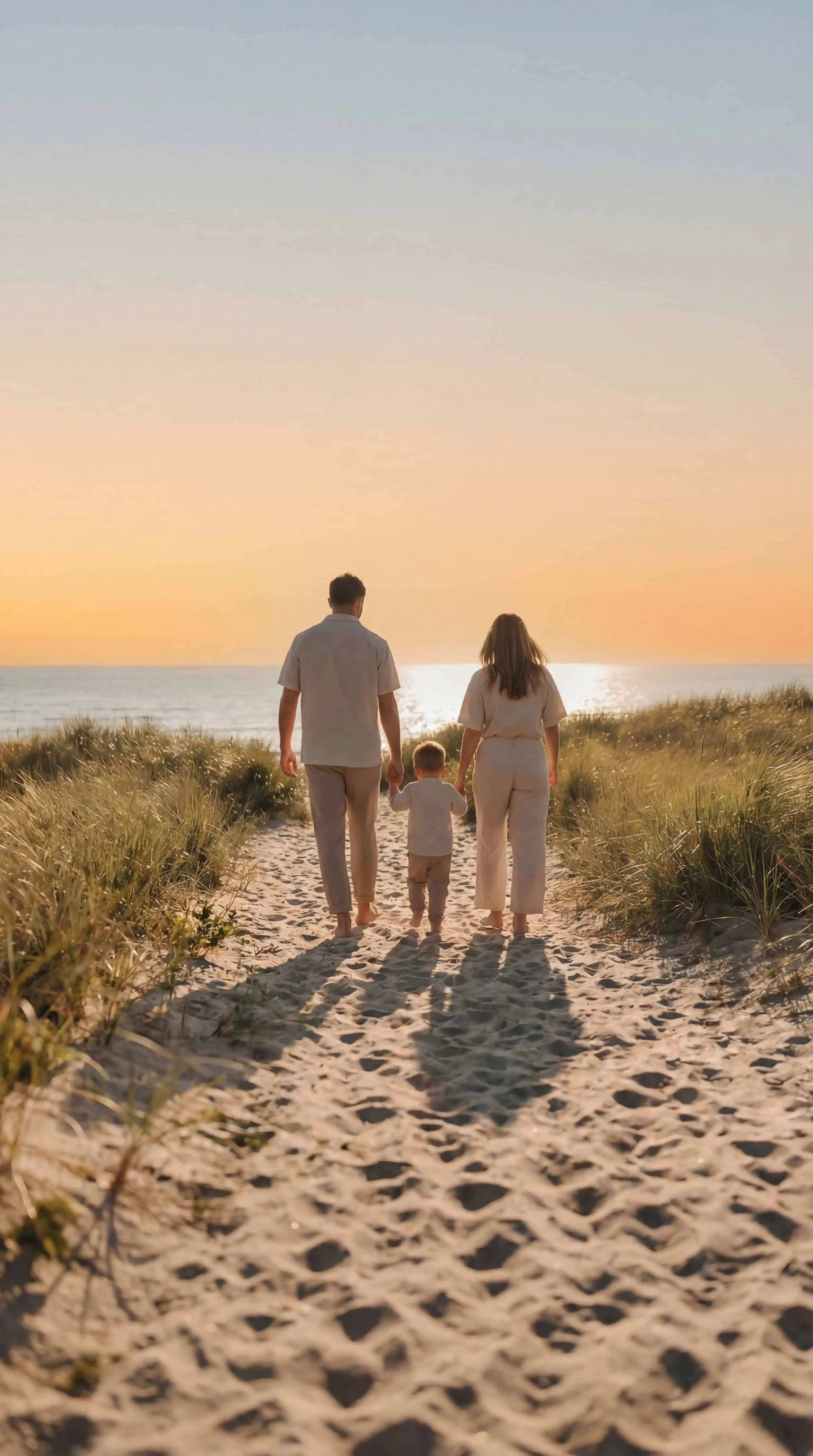 Family walking along a quiet sand dune path toward the ocean at golden hour, warm sunset light, calm coastal beach scene for a premium short-term rental.