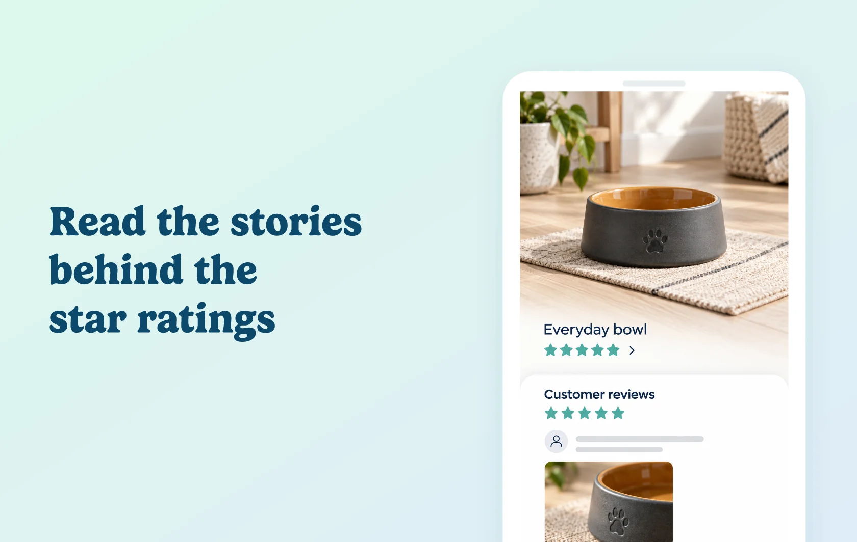 Judge.me and Shopney integration: illustration of a pet-bowl product page with a rating link and opened review details.