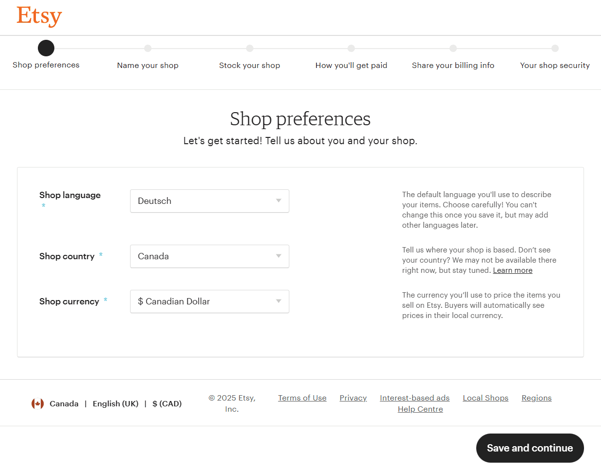 Etsy shop setup page showing shop language, country, and currency preferences.