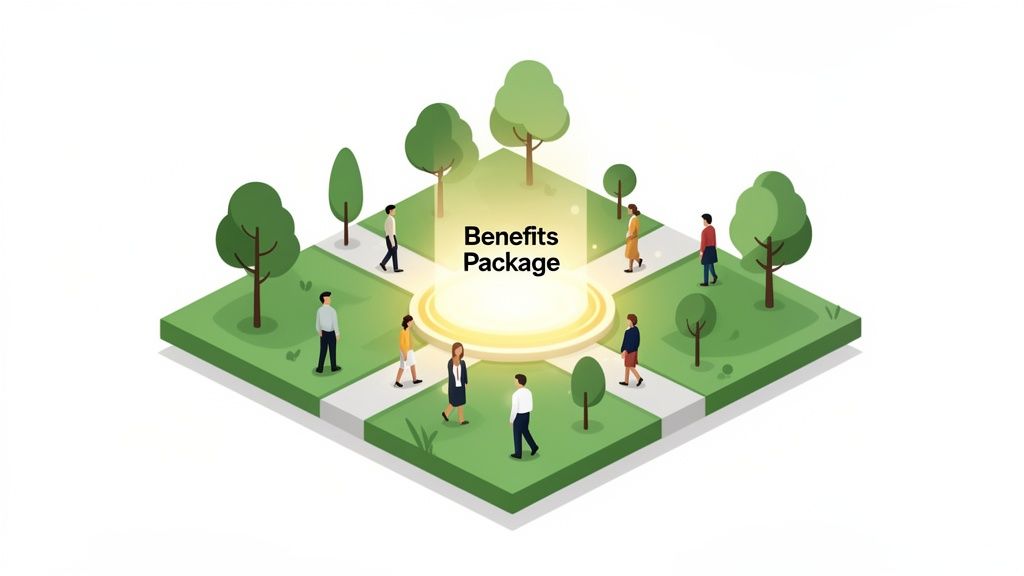An isometric illustration showing diverse employees walking around a glowing 'Benefits Package' in a green park.