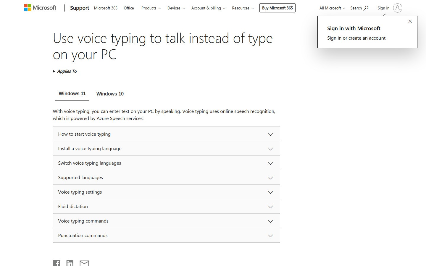 Windows Voice Typing support page screenshot