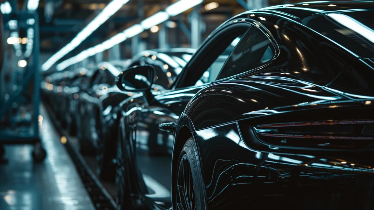 Row of sleek black luxury sports cars in a dimly lit showroom with glossy reflections and modern lighting