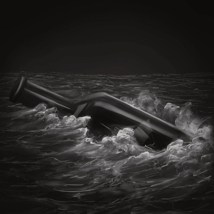 Greyscale painting of a ship in a bottle dancing on roaring waves.