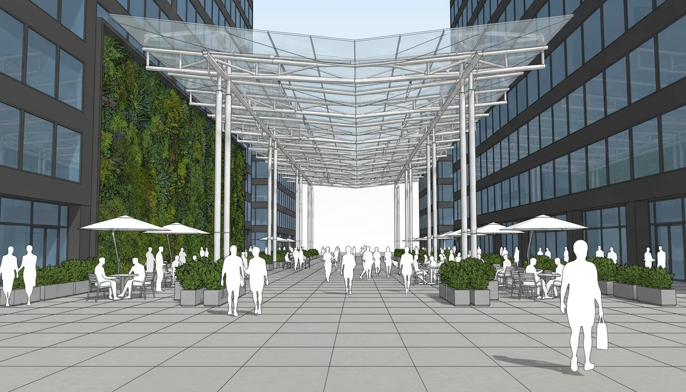Architectural visualization in the style of a SketchUp 3D render, cel-shaded with clean black outlines. Eye-level perspective of a wide, modern pedestrian plaza between two large, dark-grey office buildings with grid-like glass windows. An undulating, transparent glass canopy with a triangular grid structure is suspended overhead, supported by tall white columns. One building features a large vertical green wall. The plaza is paved with light grey tiles and furnished with outdoor cafe seating, including round tables, chairs, and large white umbrellas, set within planters filled with green shrubbery. White, 2D silhouette figures of people are scattered throughout the scene. Rendered with bright, even daylight and soft global illumination.