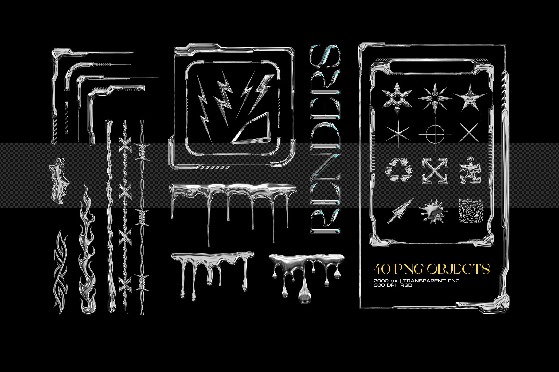 Chromatic Toolkit set of forty chrome 3D renders including futuristic frames liquid drips and stars