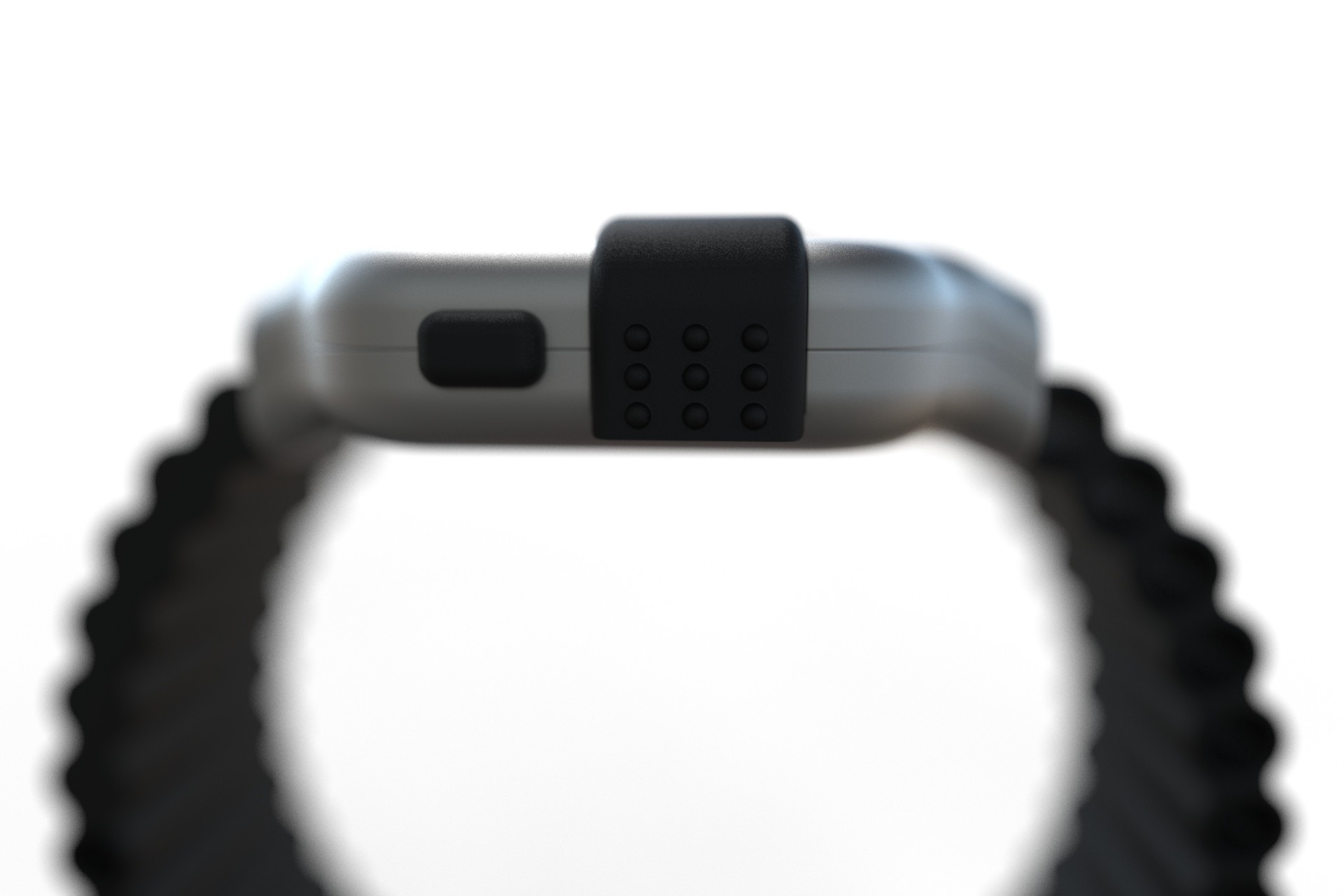 Close-up of a modern smartwatch with a focus on the side button and textured band, isolated on a white background.