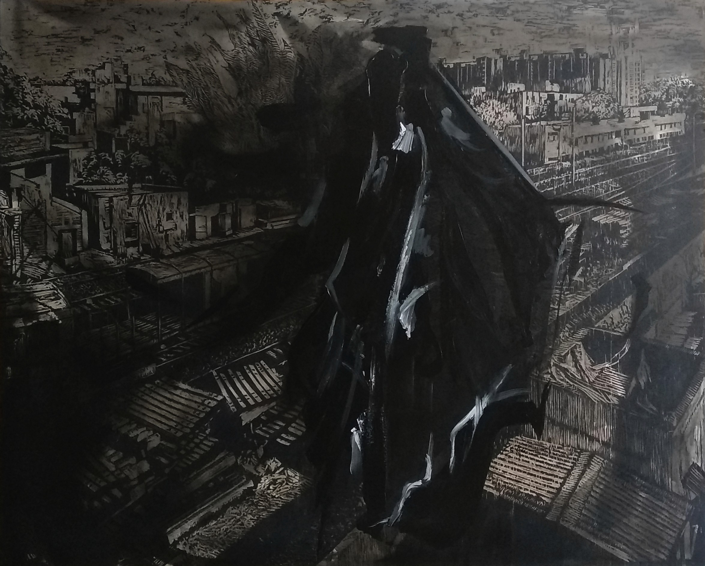 herd of sheep on road painting