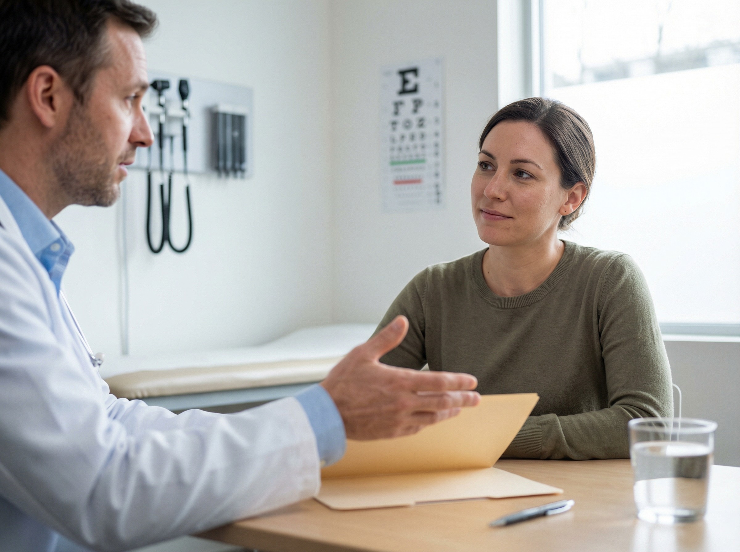Ein Arzt erklärt einer Patientin ruhig die Ergebnisse eines Check-ups. Auf dem Tisch liegt ein neutraler Befundordner, daneben ein Stift und ein Glas Wasser. Durchs Fenster fällt weiches Tageslicht. Die Patientin nickt, beide blicken fokussiert, der Raum vermittelt Sorgfalt und Klarheit.