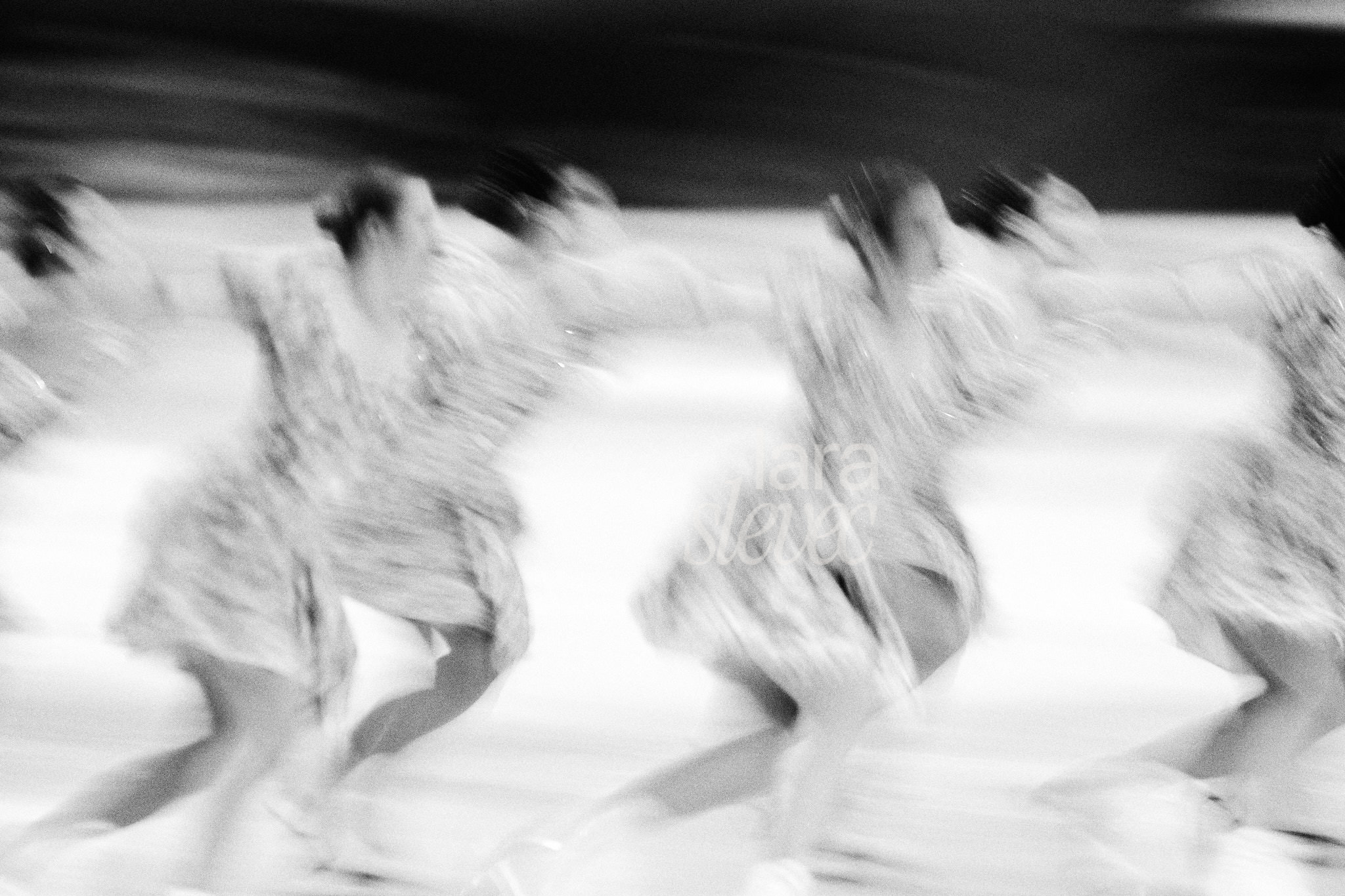 Sechs Synchroneiskunstläuferinnen in einer Formation, die sich an den Armen halten. Schwarz-Weiß Bild in Bewegungsunschärfe. Team Olympia. ISU Synchronized Skating Championships 2026 in Salzburg. Fotografiert von Lara Slevec.