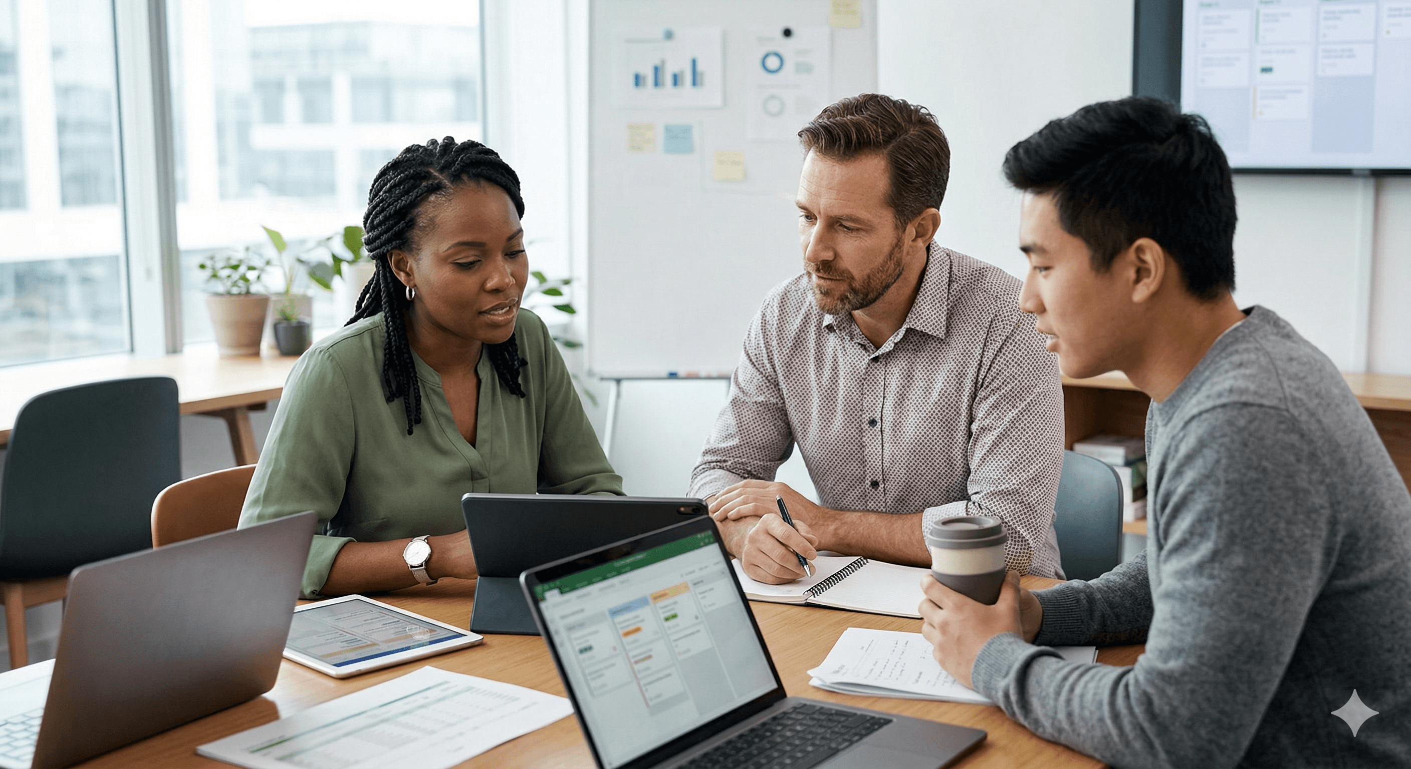 Group of three professionals in a modern office setting collaborate over laptops and documents, with strategically placed digital tools highlighting Asana AI for Teamwork, focusing on context, transparency, and results.
