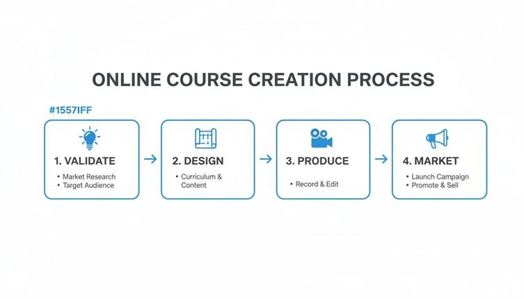 A four-step online course creation process: Validate, Design, Produce, and Market with icons.