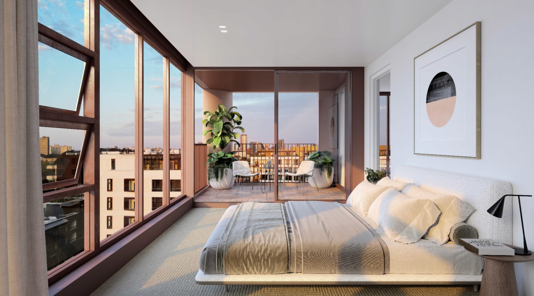 Bedroom at Lillian Erskineville apartment with floor-to-ceiling windows and private balcony