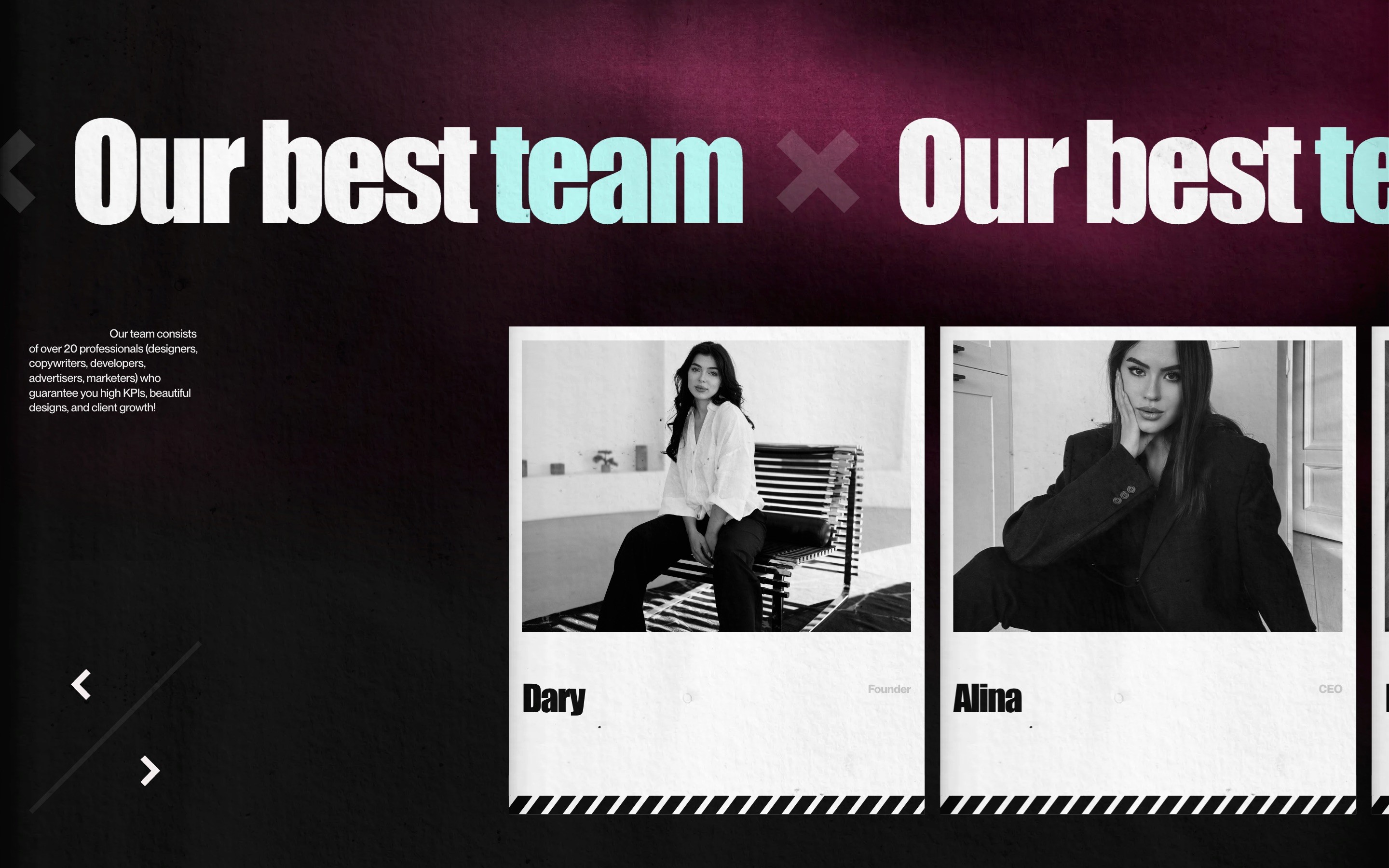 Black and white photos of two women, Dary and Alina, on a pink and black background. Text: "Our best team.