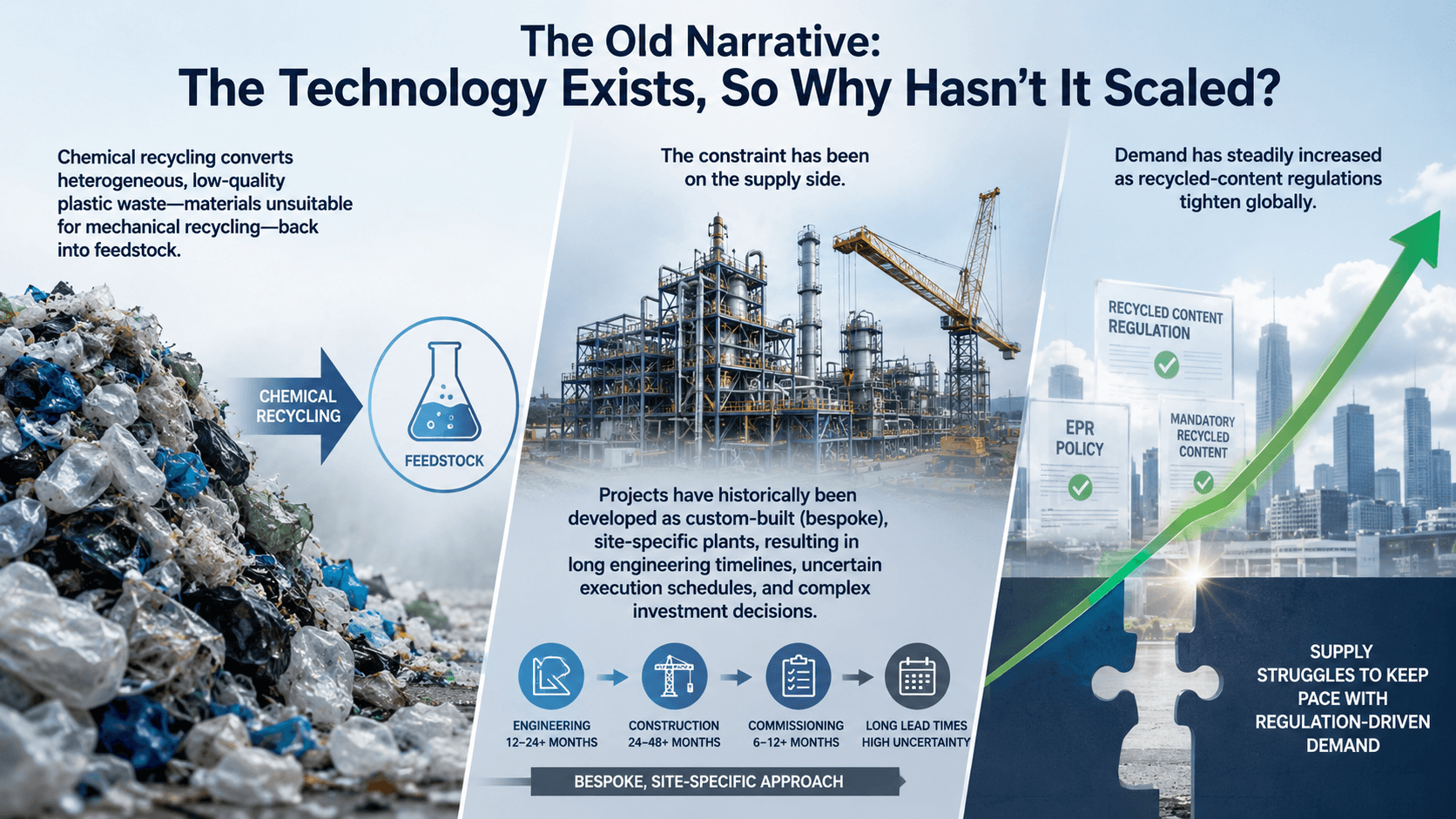 "The Old Narrative: The Technology Exists, So Why Hasn't It Scaled?" infographic