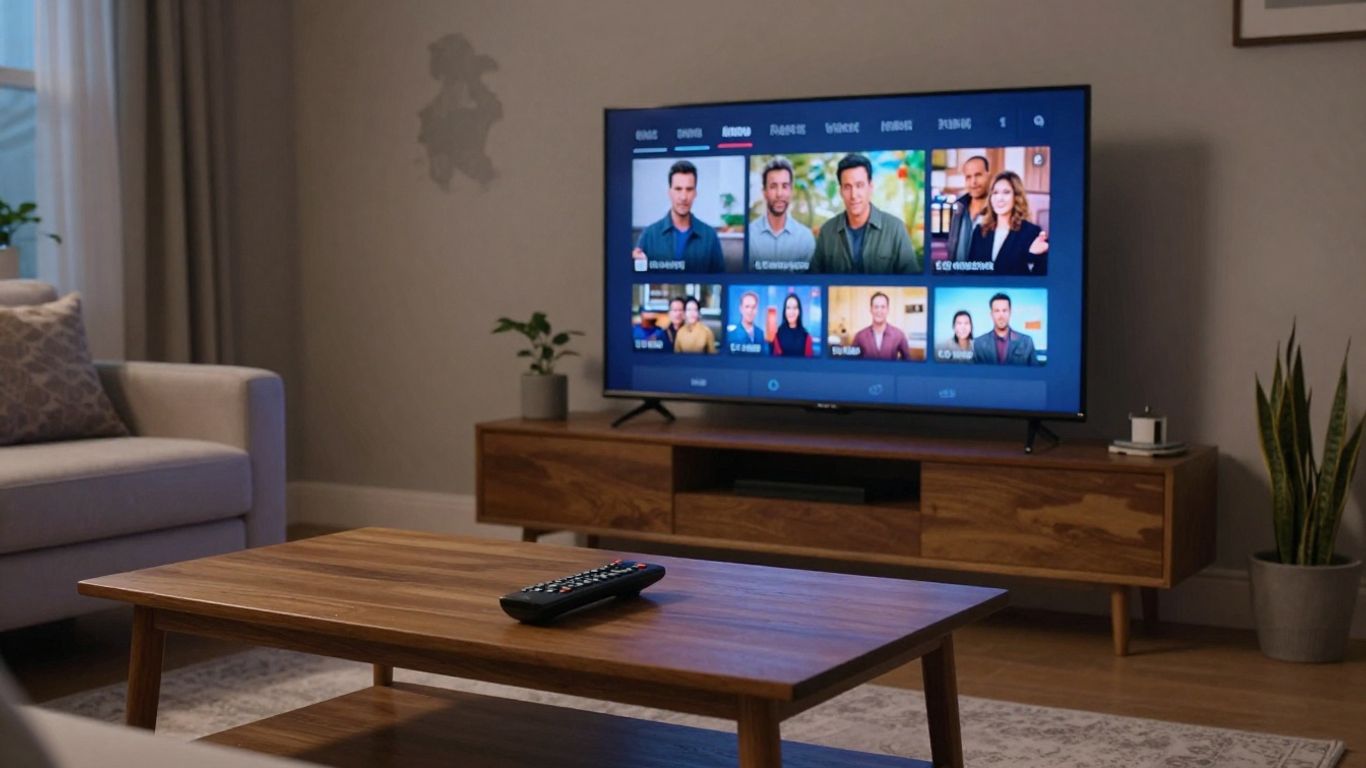 Living room television showing sitcom streaming options