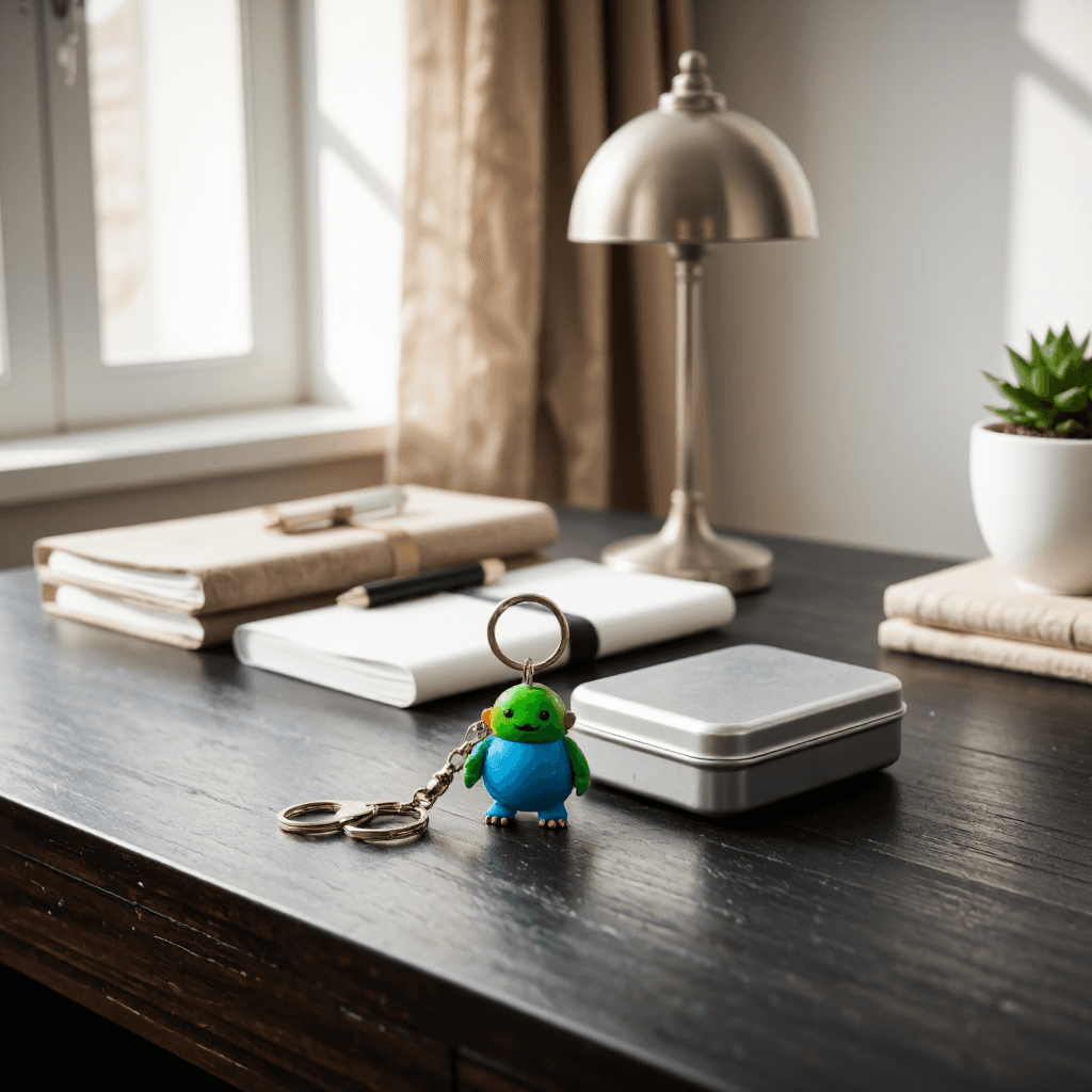 product photography of a keychain with a decorative charm and a metal tin