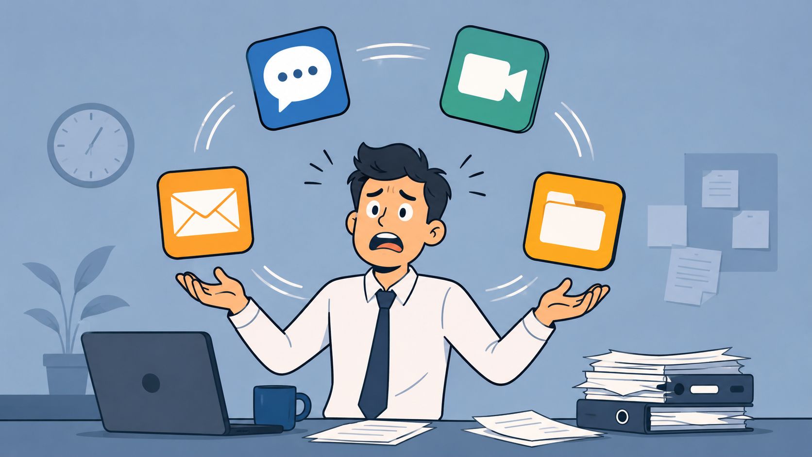 A stressed office worker juggling floating app icons for email, messaging, video calls, and file management.
