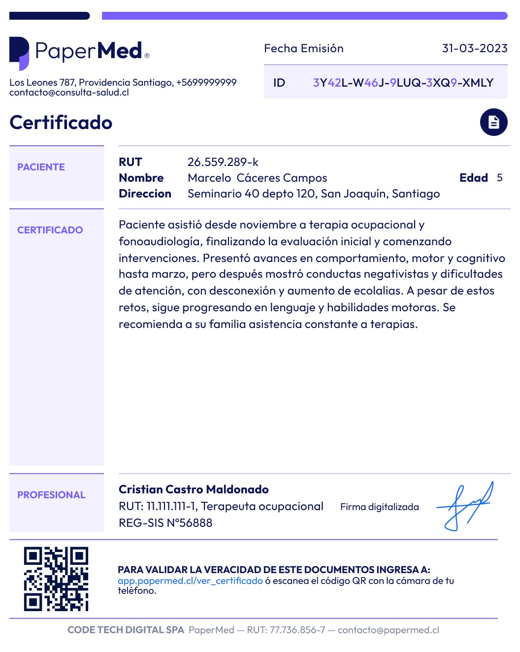 Ejemplo de certificado médico digital emitido en Papermed