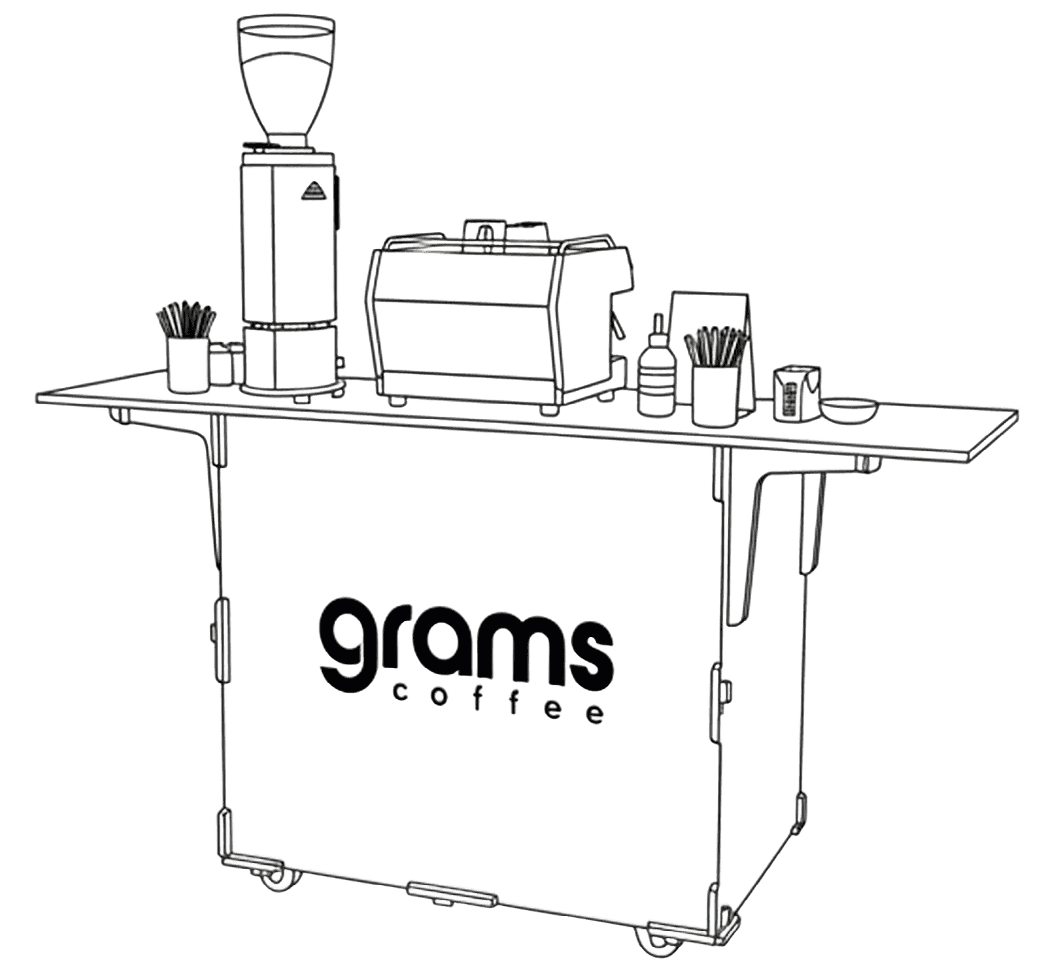 Line drawing of a minimalist coffee cart with a grinder, espresso machine, and “grams coffee” logo on the front.