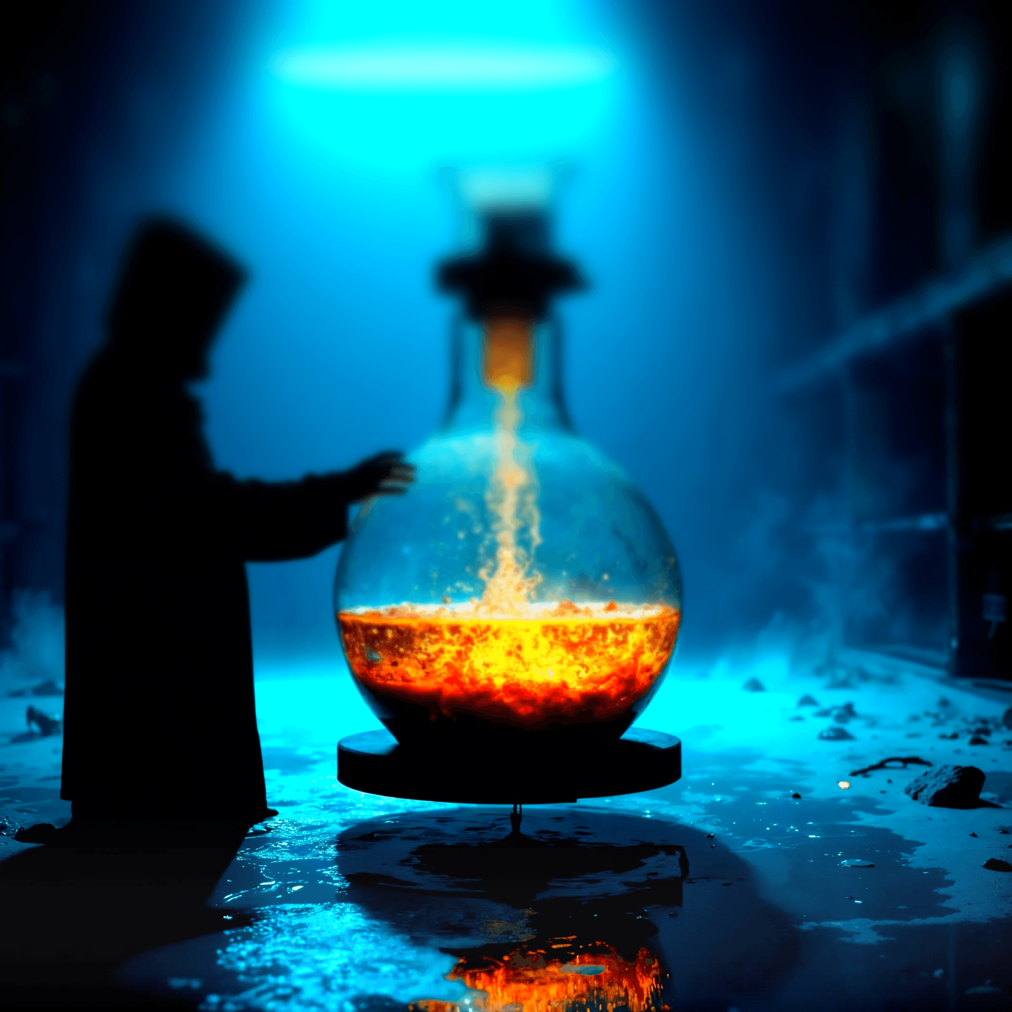 FAQ section for a YouTube Ads service, titled "Ad Hijack FAQ: Your Top Questions, Answered," featuring common questions about ad campaigns, budget, and results, with a glowing blue and orange scientific flask background.
