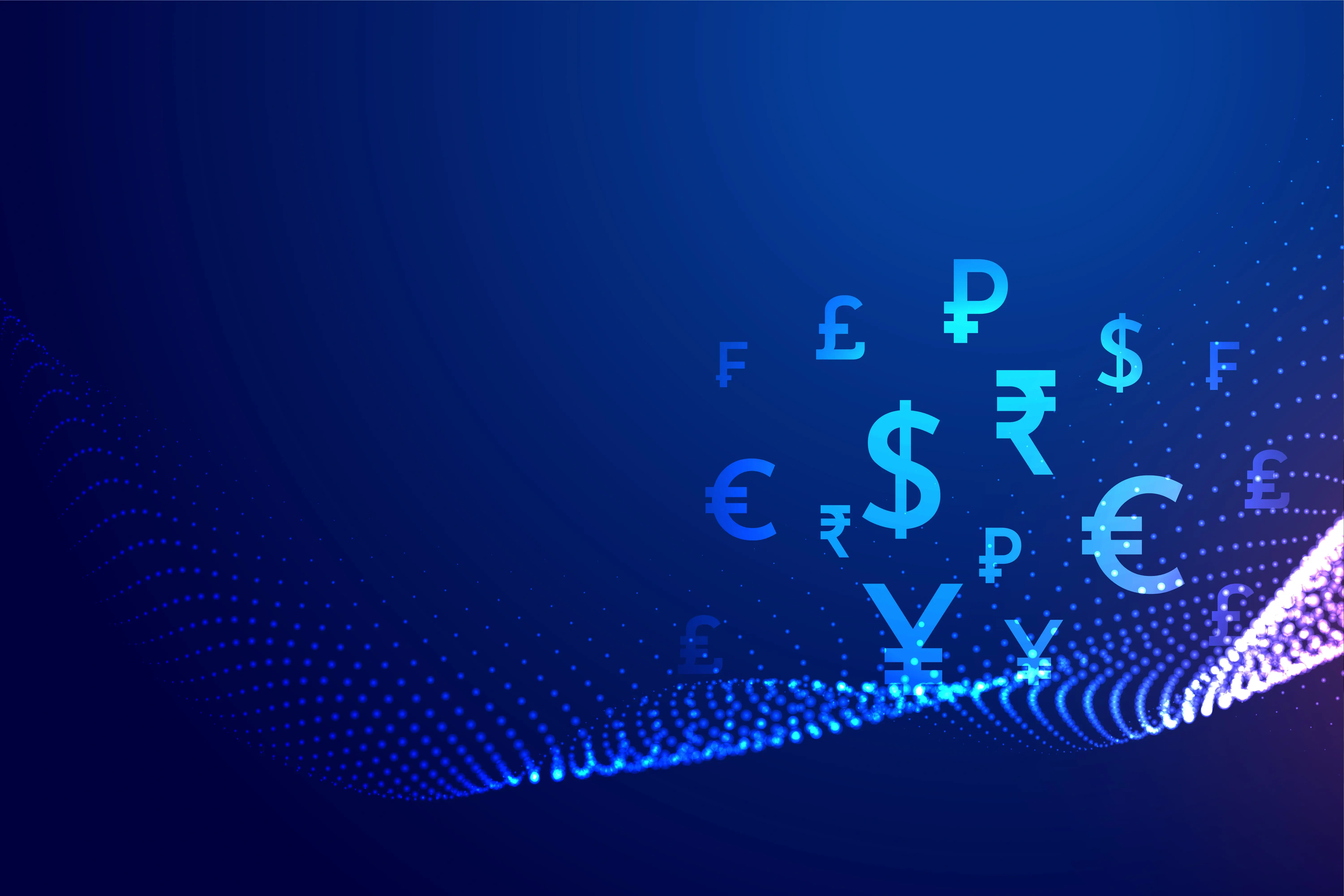 Mavi arka plan üzerinde dijital veri dalgası ve üzerinde dolar, euro, yen, pound ve rupi gibi farklı para birimi sembollerinin yer aldığı küresel finans ve döviz akışı konsepti.