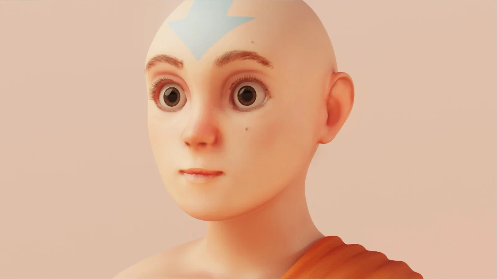 A stylized 3D bust of Aang with a blue arrow on his forehead and orange robes, lit against a warm pink background.