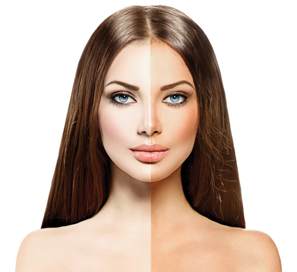 Image of a woman showing lash tints & extensions, piercings, and spray tans to complete the look.