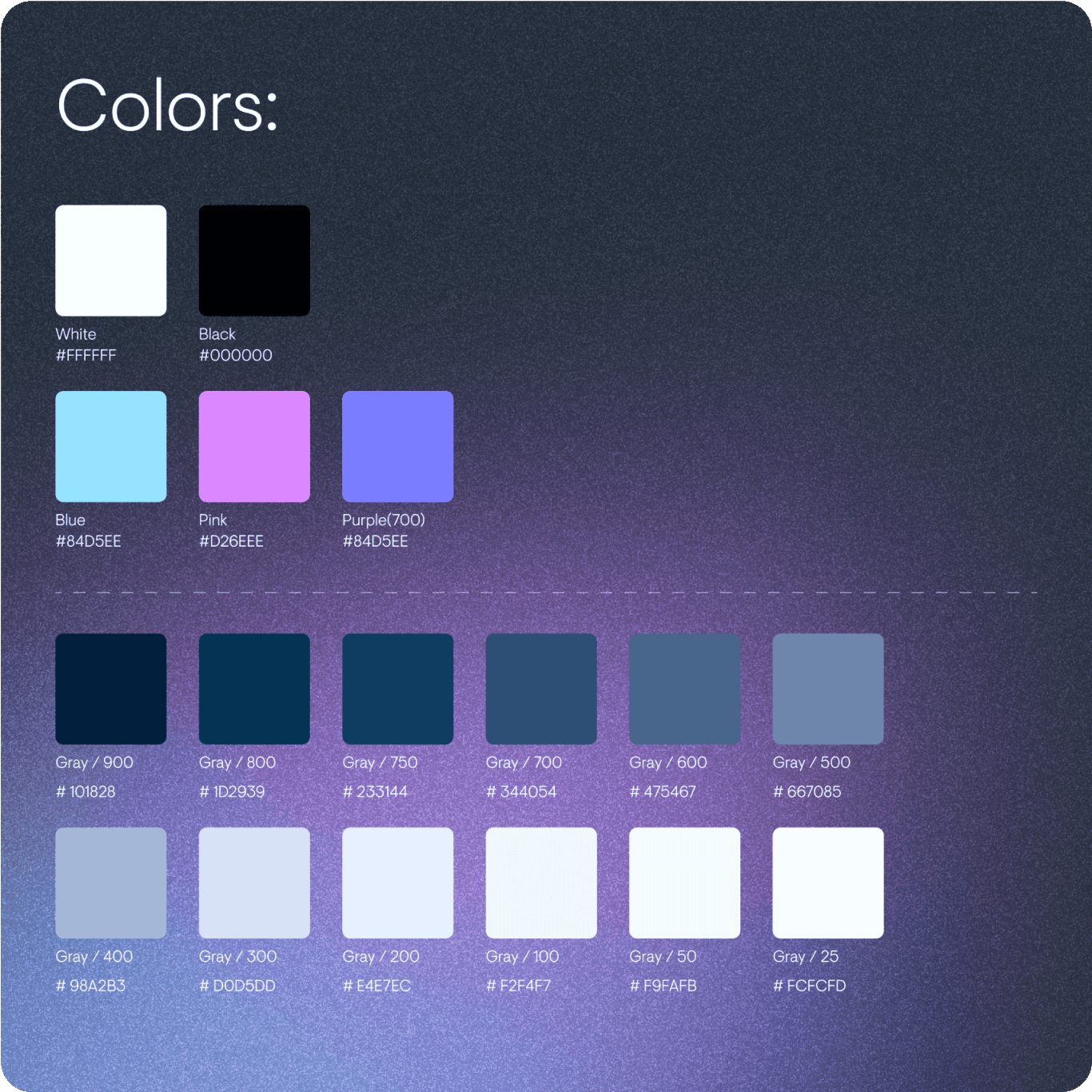 A color palette showcasing various colors used in the design. The colors are divided into categories: primary, secondary, and additional. The primary colors include white (#FFFFFF), black (#000000), blue (#84D5EE), pink (#D26EEE), and purple (700) (#84D5EE). The additional colors are shades of gray, ranging from gray 900 (#101828) to gray 25 (#FCFCFD), with each shade represented by a specific hex code.