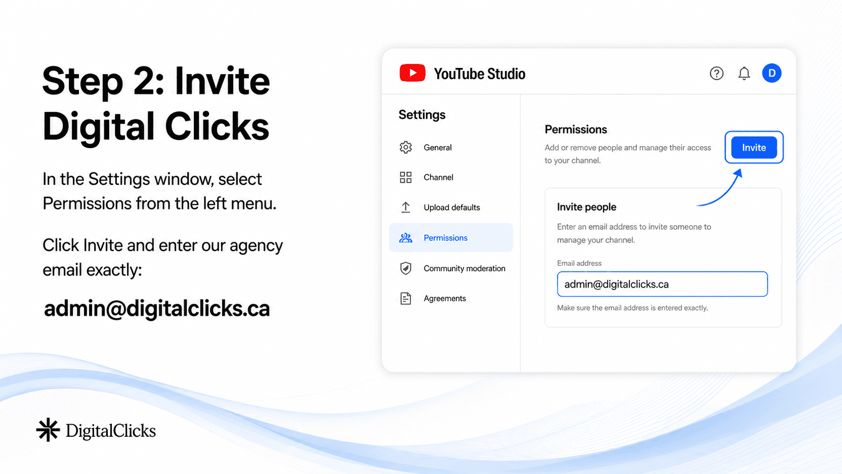 YouTube Studio Permissions step showing where to invite Digital Clicks.