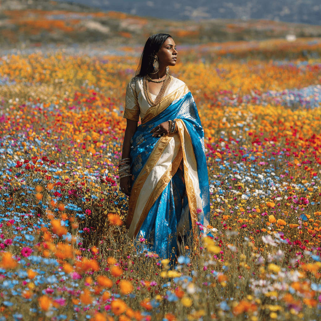 indian woman in a field of wild flowers