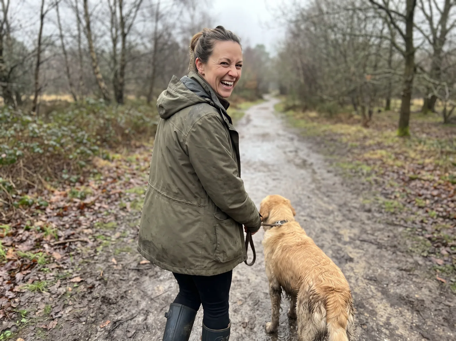 Karen out walking her dog on a woodland path