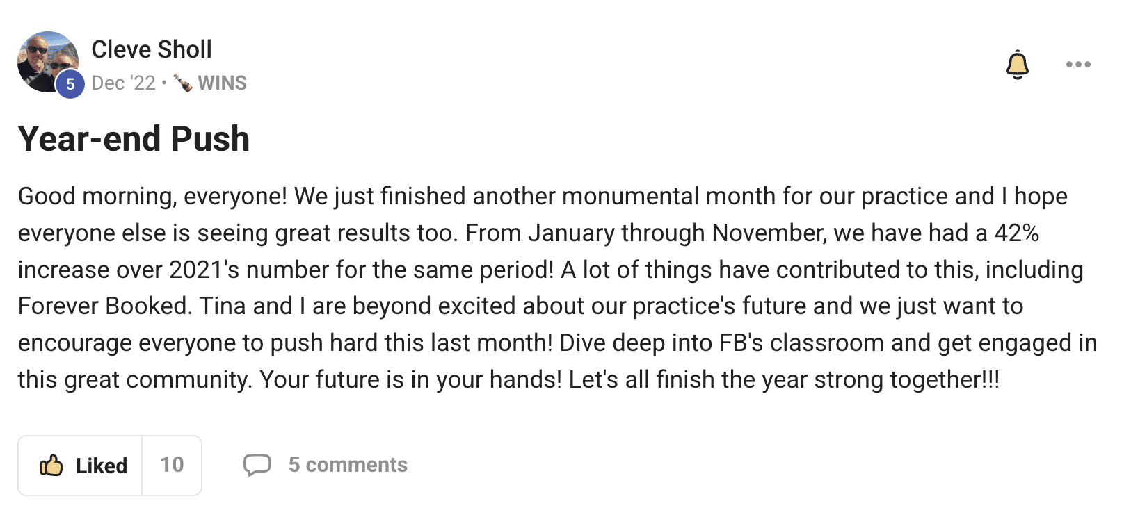 Forever Booked results showing Aesthetic Solutions achieving 42% year-over-year revenue growth January through November 2022 compared to 2021