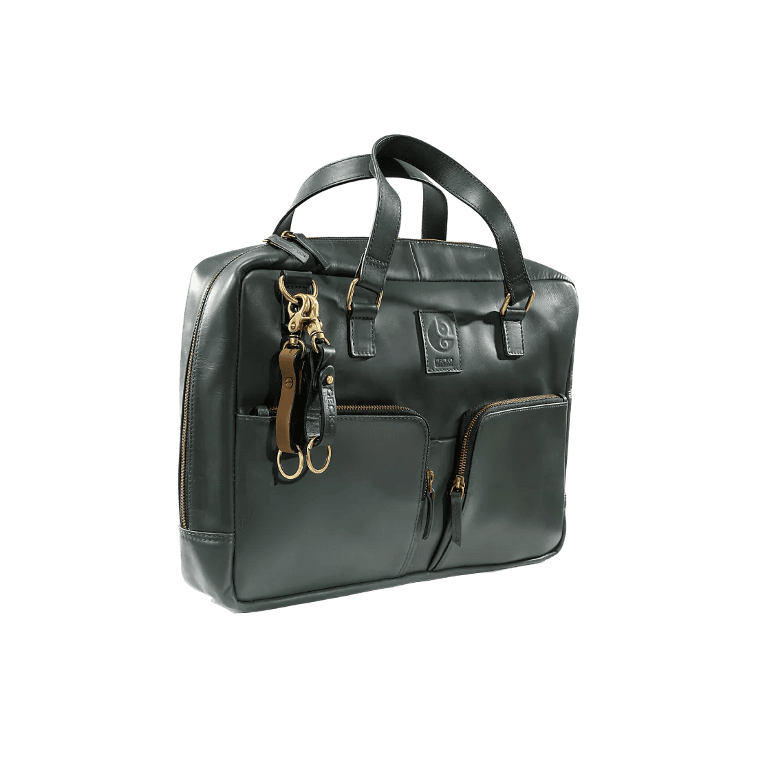 Olive leather bag with gold hardware on a white background