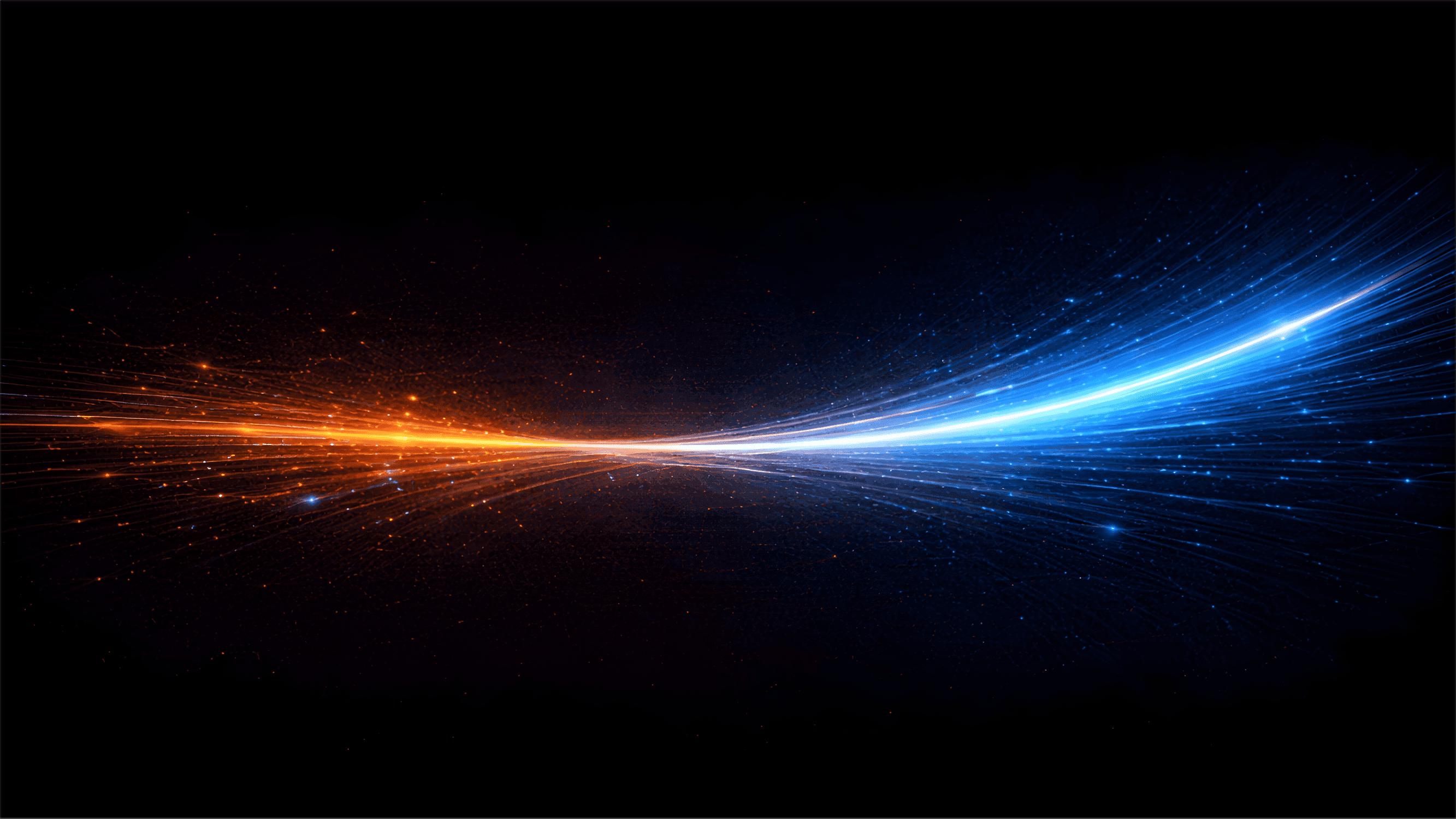 Abstract visualization of a single data stream accelerating over time, transitioning from dim orange to bright blue as it gains speed and intensity, representing improved lead response and conversion performance.