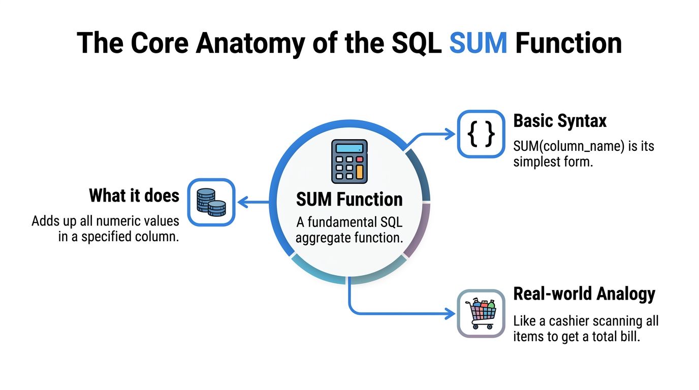 An infographic diagram explaining the SQL SUM function, covering its definition, basic syntax, and real-world analogy.