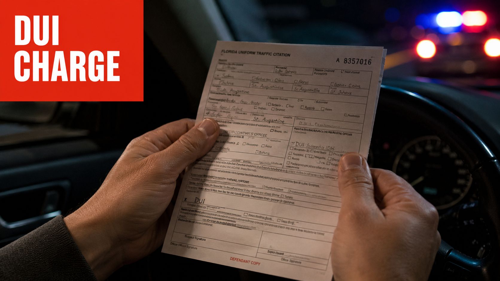 A person holding a Florida uniform traffic citation regarding a DUI charge while sitting inside a car.