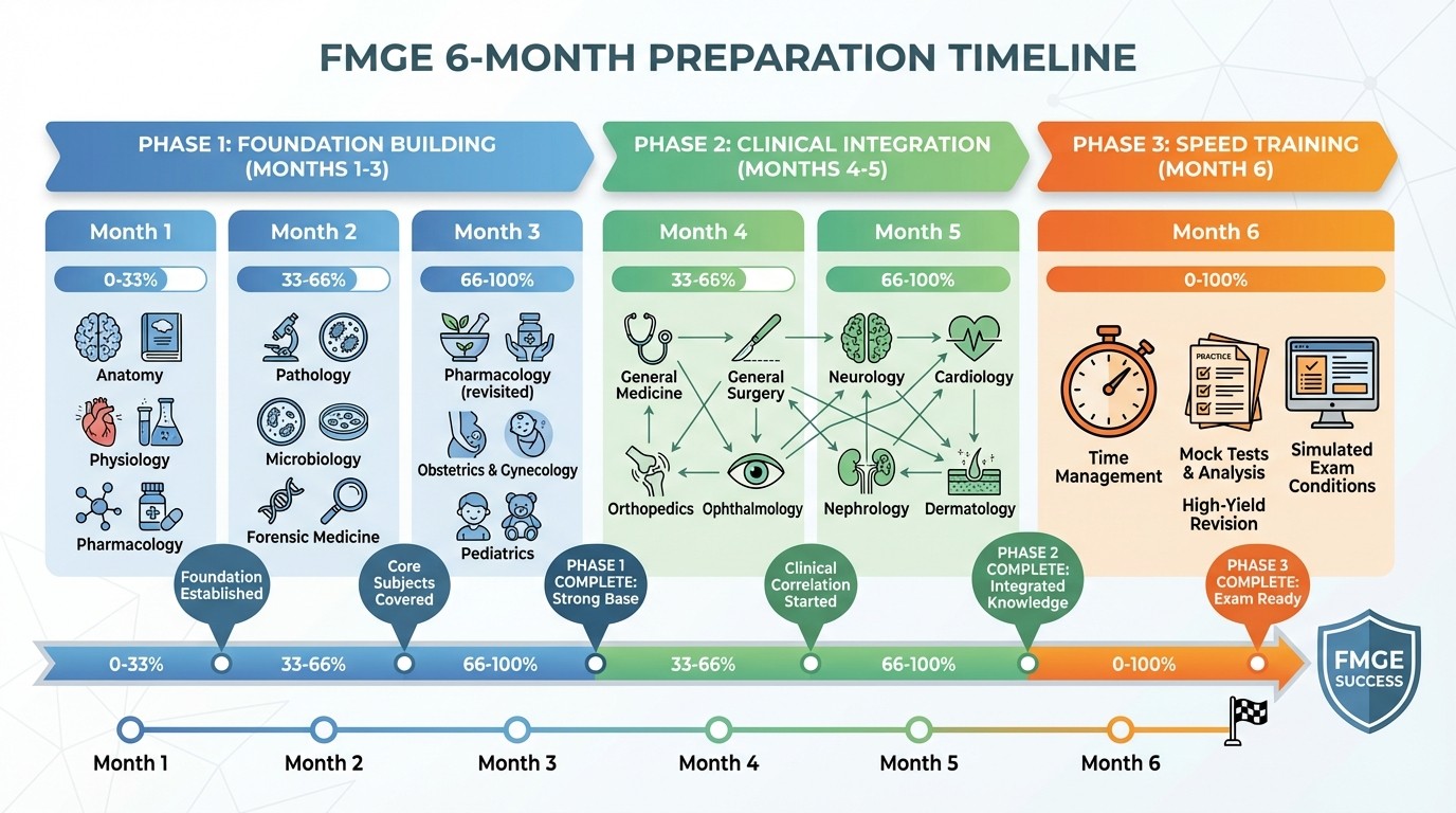 FMGE 6-month preparation timeline with three strategic phases