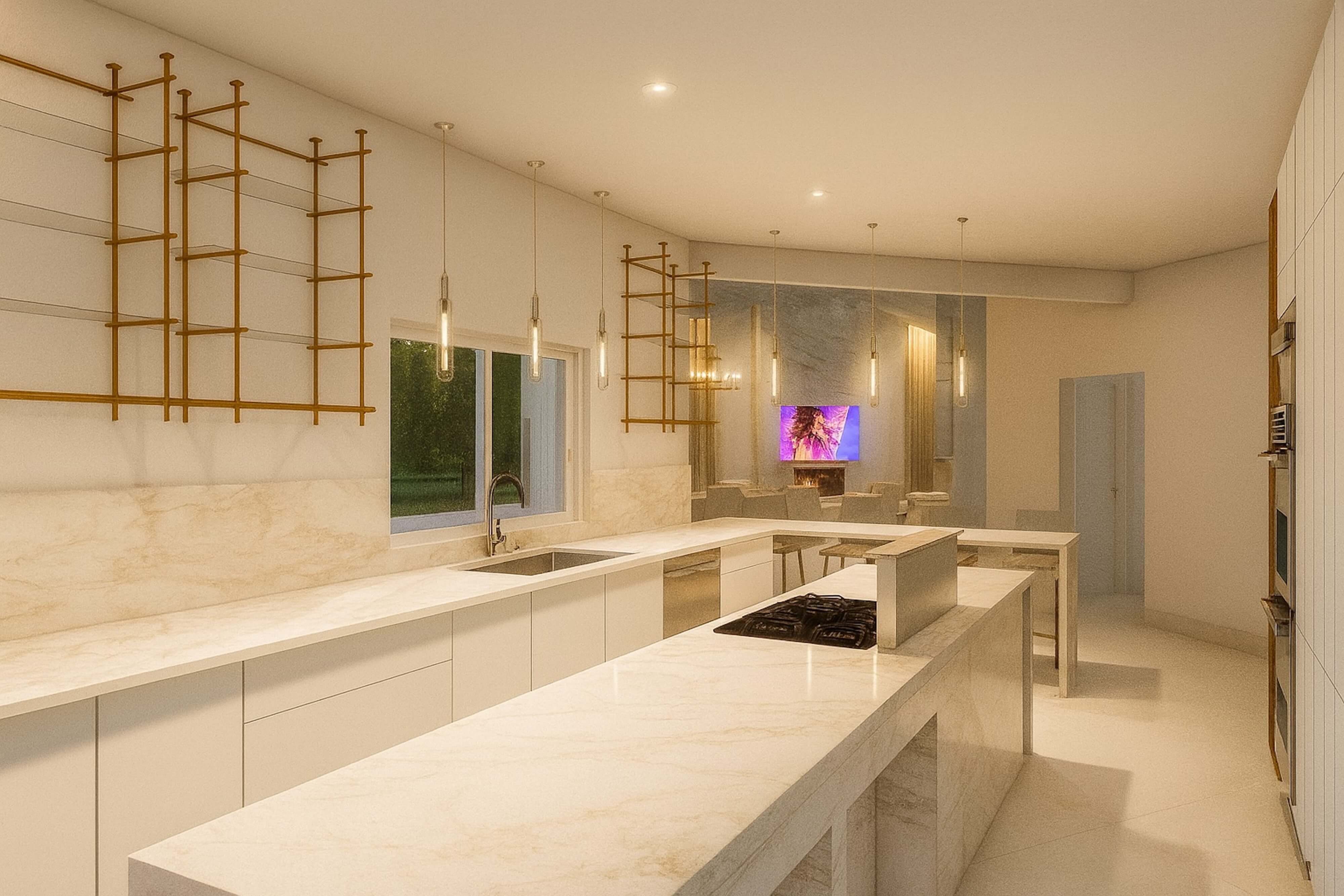 Bright open concept kitchen with double islands, marble countertops, and warm lighting leading into a connected dining and living room space.