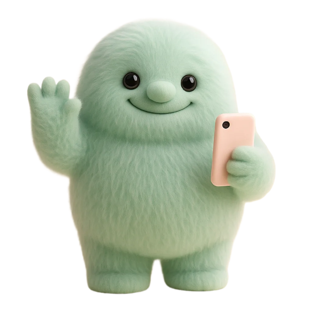 Maskotka Flufi machająca łapką w pastelowej stopce strony