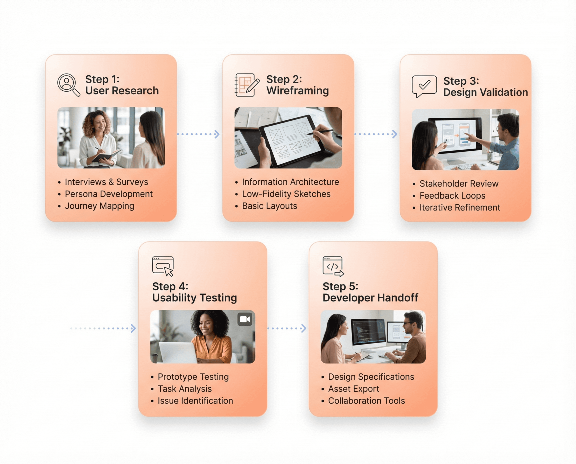 Five-step SaaS design process illustrating user research, design, validation, testing, and developer handoff.