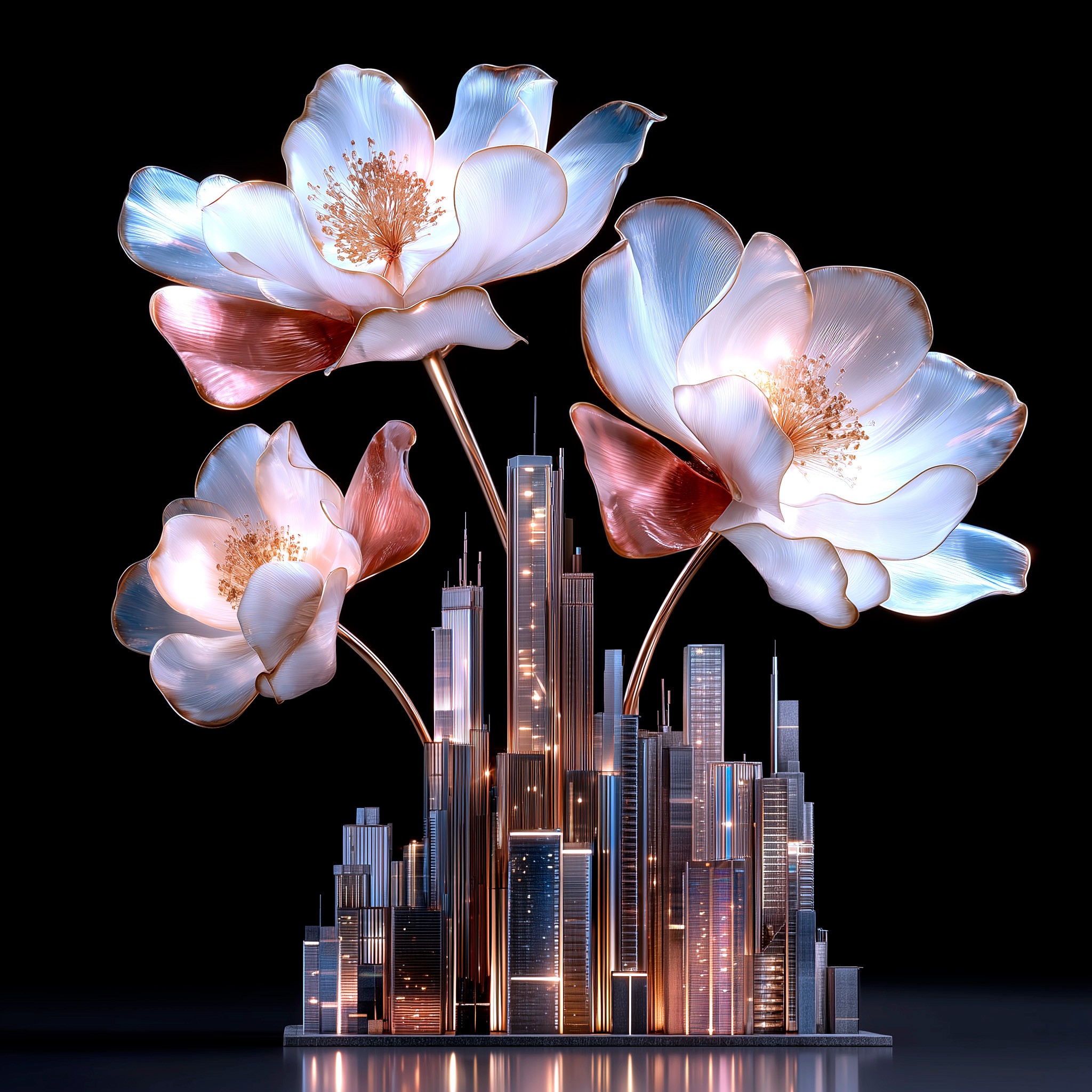 Illustration conceptuelle et élégante d'une métaphore pour la direction artistique et l'architecture d'image. L'image présente trois grandes fleurs stylisées aux pétales nacrés blancs, bronze et cuivre, évoquant le luxe et la délicatesse. Leurs tiges fines émergent d'une base composée d'un ensemble de gratte-ciel et de buildings modernes illuminés, rappelant une ville futuriste. Le tout est sur un fond noir uni, mettant en valeur l'œuvre. Ce visuel symbolise la construction minutieuse et la floraison d'une identité visuelle unique, illustrant la capacité de Nux-Studio à être l'architecte de l'image de marque de ses clients par une direction artistique raffinée et une vision créative.