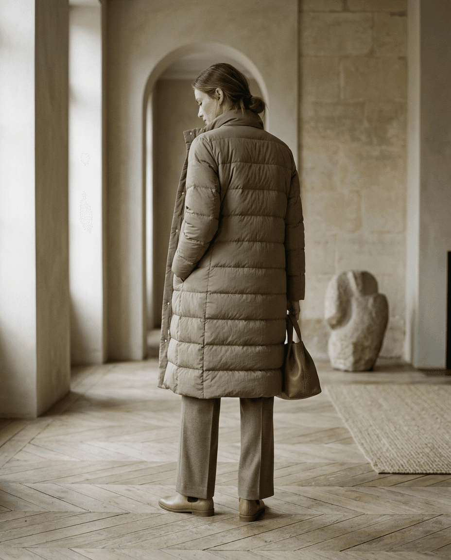 Quilted Stone Down Jacket — Taupe — full