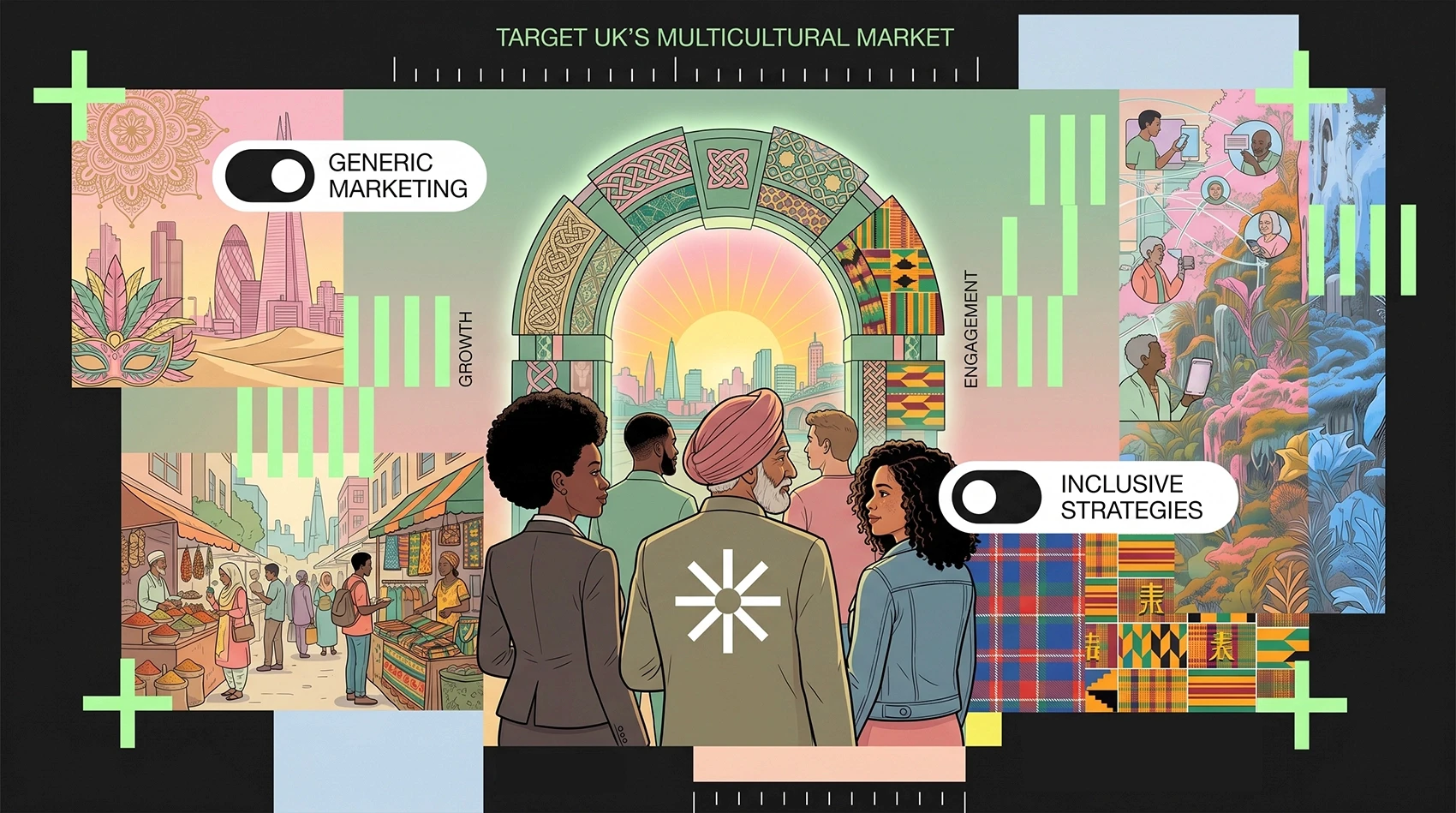 Target UK multicultural market graphic contrasting generic marketing with inclusive strategies for mediareach
