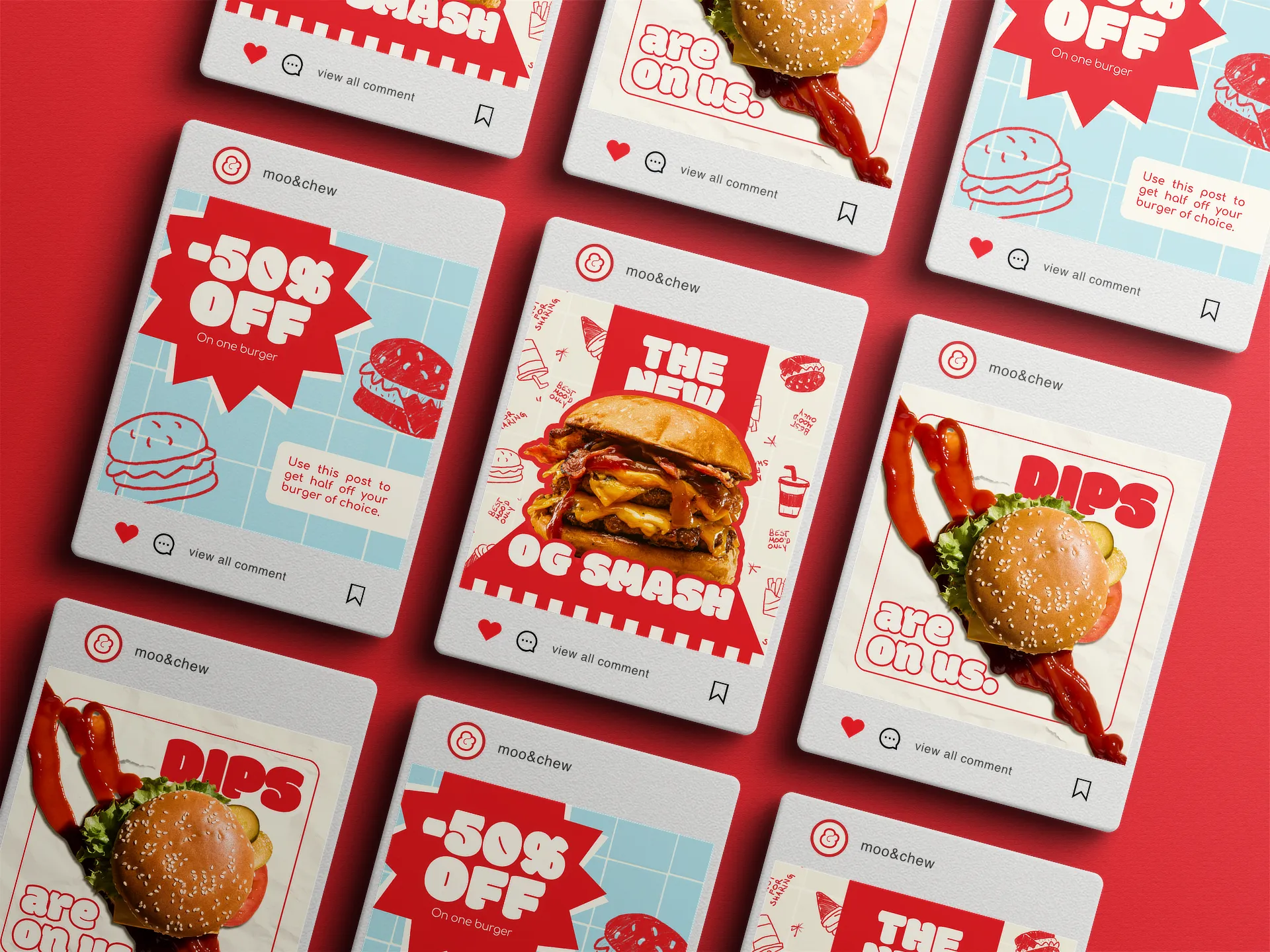 An Instagram grid mockup displaying branded social media post templates for a fast food restaurant, emphasizing food photography and typography layouts, made by Studio Liminal.
